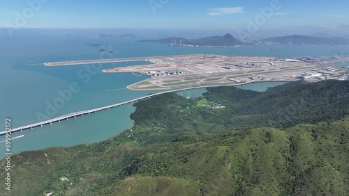 Aerial drone skyview of Hong Kong-Zhuhai-Macao Bridge at Chek Lap Kok Lantau Island near Tung Chung Tuen Min,is the longest bridge-cum-tunnel sea crossing in the world photo