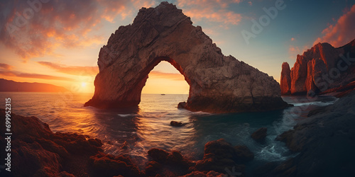 sunset over the sea,Nature's Ballet: Seagulls Soaring by the Distinctive Arch of Cabo photo