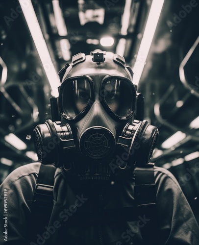 Man in a black protective suit gas mask, protects from harmful gas pollution, apocalypse background