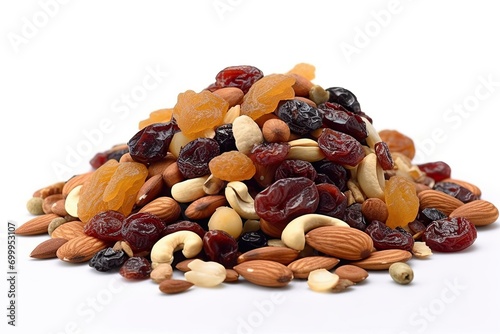 food healthy pile raisons hazelnuts walnuts almonds background transparent white isolated fruits dry nuts Mix photo