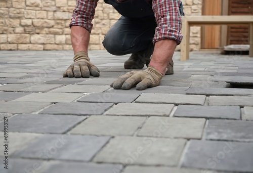 Laying gray concrete paving slabs in house courtyard driveway patio. Professional workers bricklayers are installing new tiles or slabs for driveway, sidewalk or patio on leveled sand foundation base.