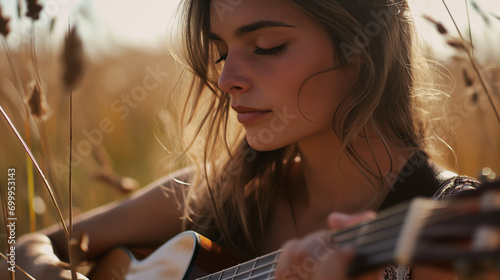 In a field of tall grass, a woman plays the guitar with a beautifully backlit face, highlighting her sunbathed skin.