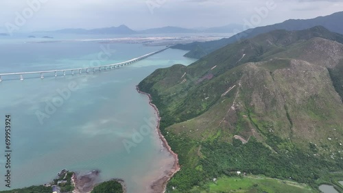 Aerial drone skyview of Hong Kong-Zhuhai-Macao Bridge at Chek Lap Kok Lantau Island near Tung Chung Tuen Min,is the longest bridge-cum-tunnel sea crossing in the world photo