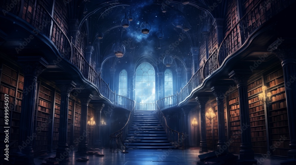 Fantasy forgotten library bathed in ethereal moonlight, bookshelves stretching into infinity, whispered secrets echoing through the dusty halls - obrazy, fototapety, plakaty 