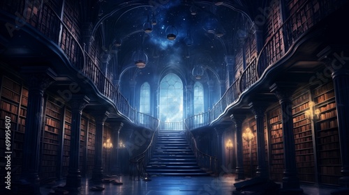 Fantasy forgotten library bathed in ethereal moonlight, bookshelves stretching into infinity, whispered secrets echoing through the dusty halls