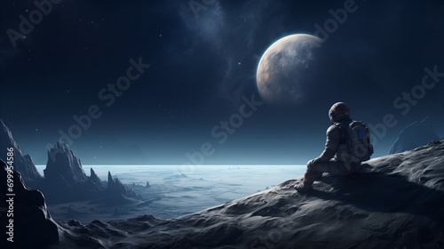 Lone astronaut gazes at Earth from the moon's surface, lost in contemplation of the vastness of space.