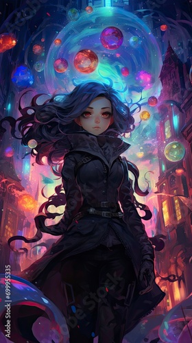 ultra detailed illustration female character, (focus on cute face) anime villain character wearing dark clothes with generative ai