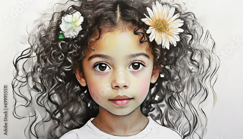 Mała dziewczynka z kwiatem we włosach , ilustracja, malowany obraz, dekoracja ścienna, generative ai