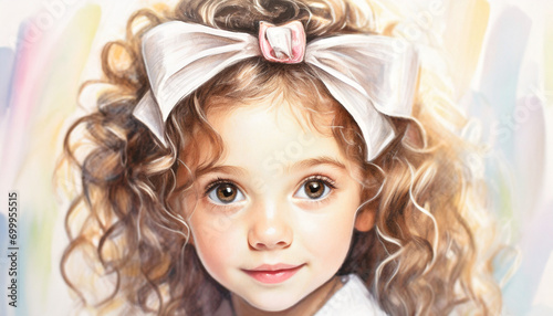 Mała dziewczynka z kokardą na włosach, ilustracja, malowany obraz, dekoracja ścienna, generative ai