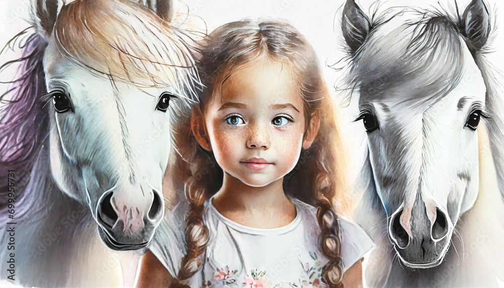 Mała dziewczynka z koniem, ilustracja, malowany obraz, dekoracja ścienna, generative ai - obrazy, fototapety, plakaty 