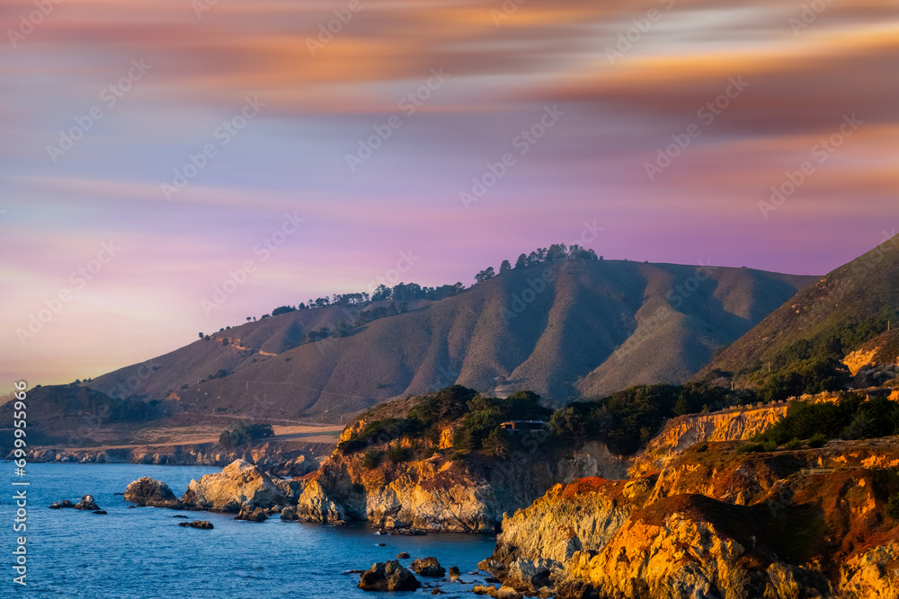 Seascape of the west coast of California with views of the Pacific Ocean and the cliffs, California coastline near Monterey in summer,