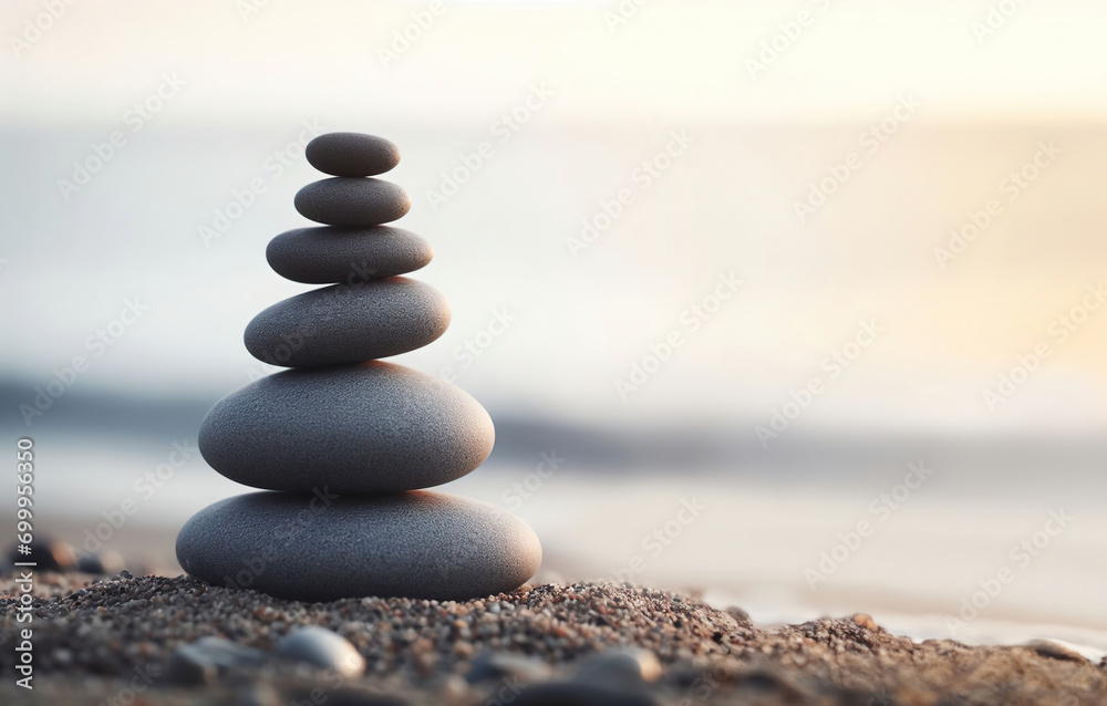 Fototapeta premium Pyramid stones balance on the sand of the beach