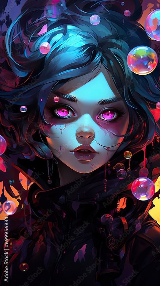 ultra detailed illustration female character, (focus on cute face) anime villain character wearing dark clothes with generative ai