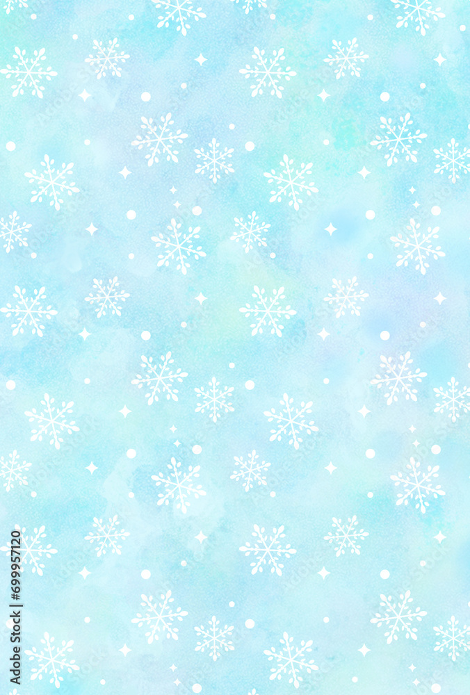 雪の結晶　水彩の背景素材　キラキラ柄　雪景色　冬景色　寒中お見舞い　縦長