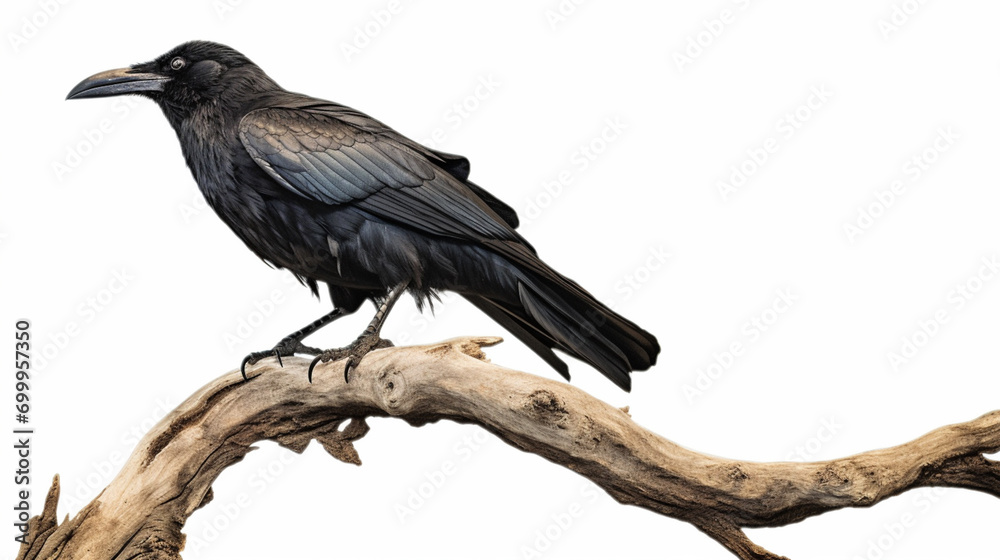 Umbrella bird on the trunk in white background. Black crow, Corvus corone, common crow AI Generative - obrazy, fototapety, plakaty 