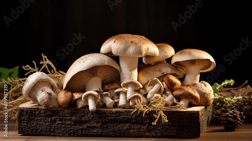 Various kinds of edible mushrooms with copy space. Variety of mushrooms on a closeup. AI Generative