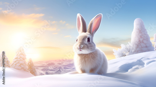easter bunny on ice in winter with back of shining sun photo
