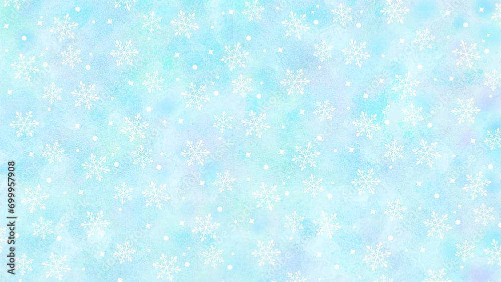 雪の結晶　水彩の背景素材　キラキラ柄　雪景色　冬景色　16:9