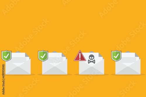 Email / envelope with black document and skull icon. Virus, malware, email fraud, e-mail spam, phishing scam, hacker attack concept. Vector illustration	
