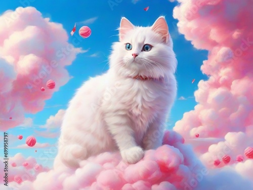  white cat with heart shaped balloon pink sky background 
