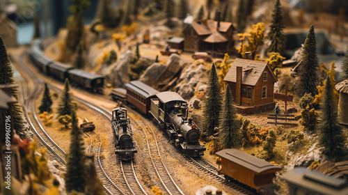 A diorama toy model featuring a train journeying down tracks beside a forest, set against the backdrop of an Old West town