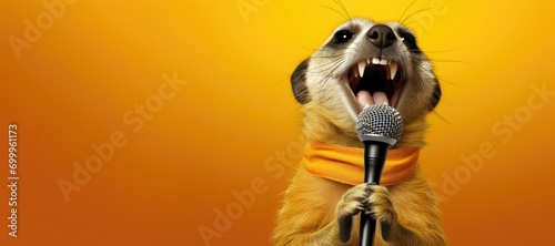  A meerkat singing into a microphone, an imaginative take on performance and communication photo