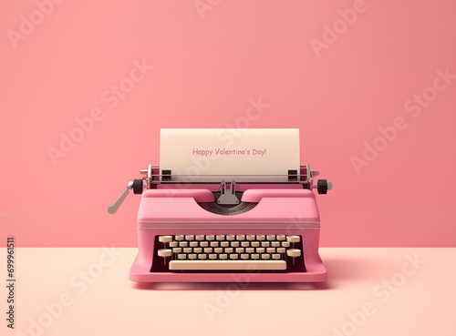 Pink vintage typewriter on pink background. St. Valentine concept. Banner with copy space. photo