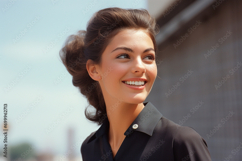 Retro style person from 1960s walking to work with beautiful old-fashioned clothes.
