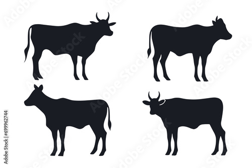 Cow silhouette. Cow vector illustration. Black cow and domestic milk cows. Farm animals isolated vector icons set.