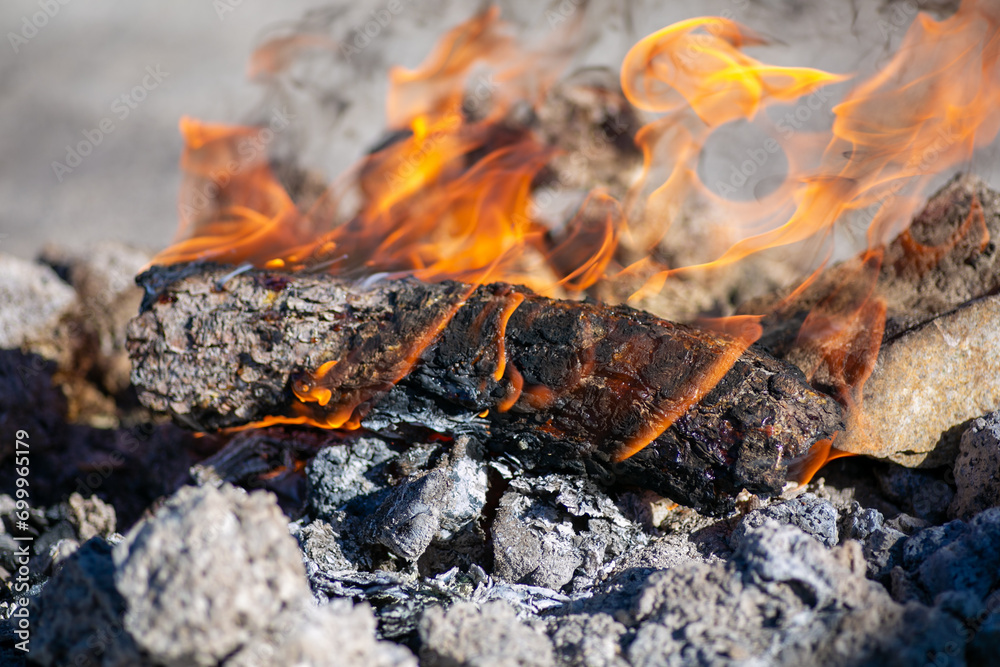 Burning flame on firewood inside the campfire Burning flame on firewood inside the campfire