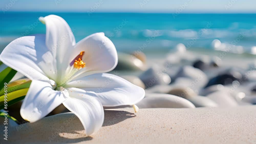 A single white lily rests on a bed of smooth rocks, with the ocean stretching out behind it, symbolizing the peaceful and timeless beauty of nature. A single white lily rests on a bed of smooth rocks, with the ocean stretching out behind it, symbolizing the peaceful and timeless beauty of nature.