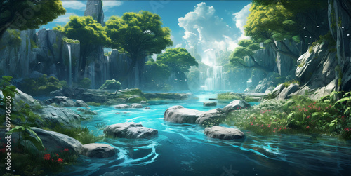Painting nature  mountains  river  bright sky with green trees and wildlife.
