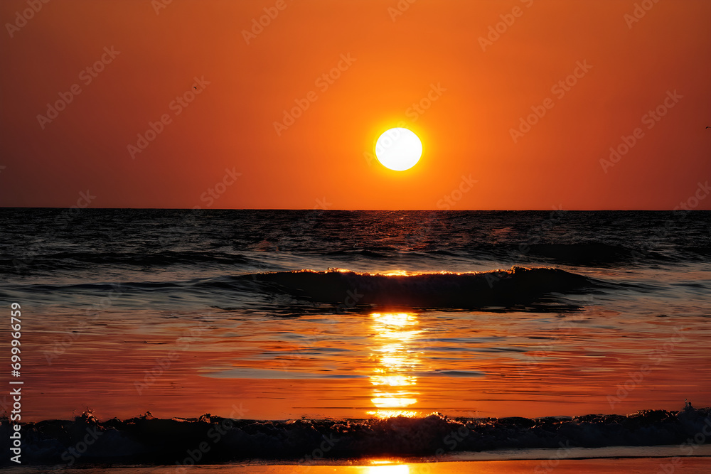 A sunrise or sunset from the sea. Generative AI