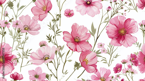 Watercolor pink flowers pattern, seamless floral design for fabric, wallpaper, stationery. Perfect for spring and summer backgrounds. AI Generative