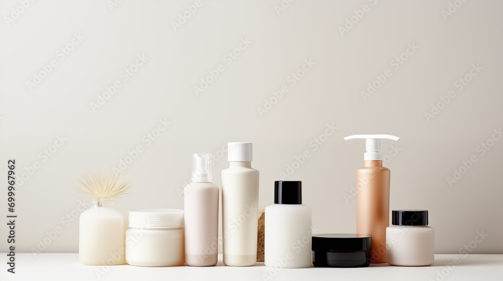 skin care cosmetics, flat lay, text space, stylish minimalist design, neutral colors skin care cosmetics, flat lay, text space, stylish minimalist design, neutral colors
