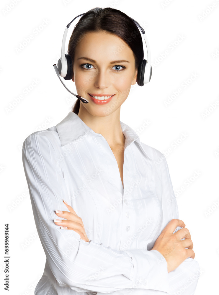Call center help line service. Portrait image of customer support phone sales operator in headset, isolated white background. Happy smiling business woman. Female caller worker, advisor. Call center help line service. Portrait image of customer support phone sales operator in headset, isolated white background. Happy smiling business woman. Female caller worker, advisor.