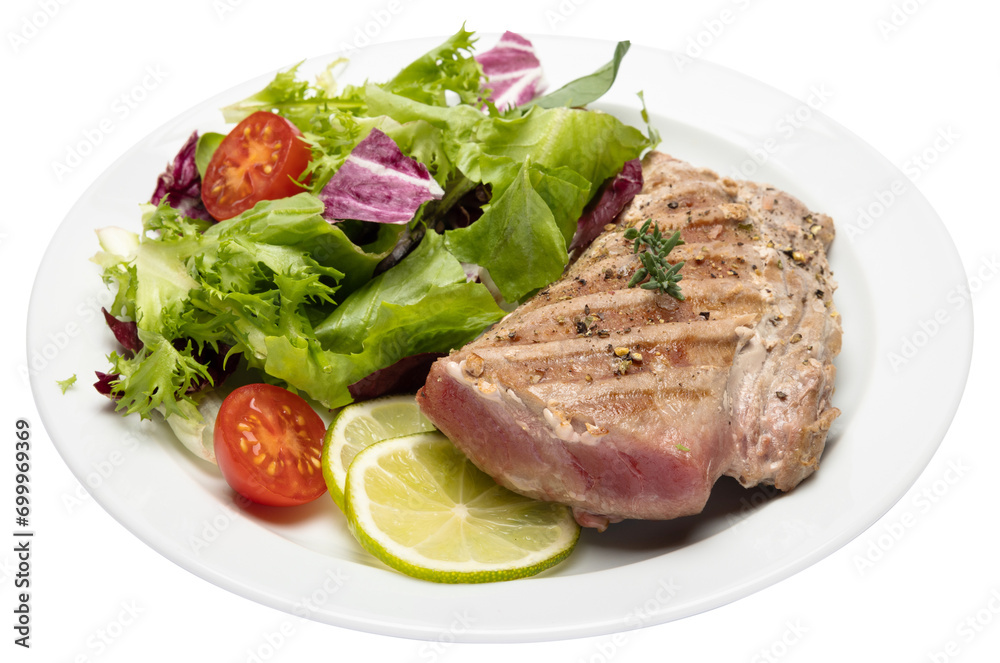 grilled cooked piece of tuna fillet on ceramic plate isolated grilled cooked piece of tuna fillet on ceramic plate isolated