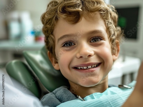 A smiling young boy in a dental chair. Examination by a dentist