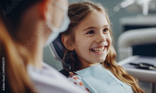 A smiling young girl in a dental chair. Examination by a dentist photo
