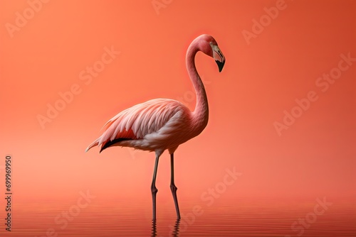 Realistic 3D rendering of a flamingo in a body of water against an orange background, showcasing the bird's vibrant colors with precision. © Duka Mer