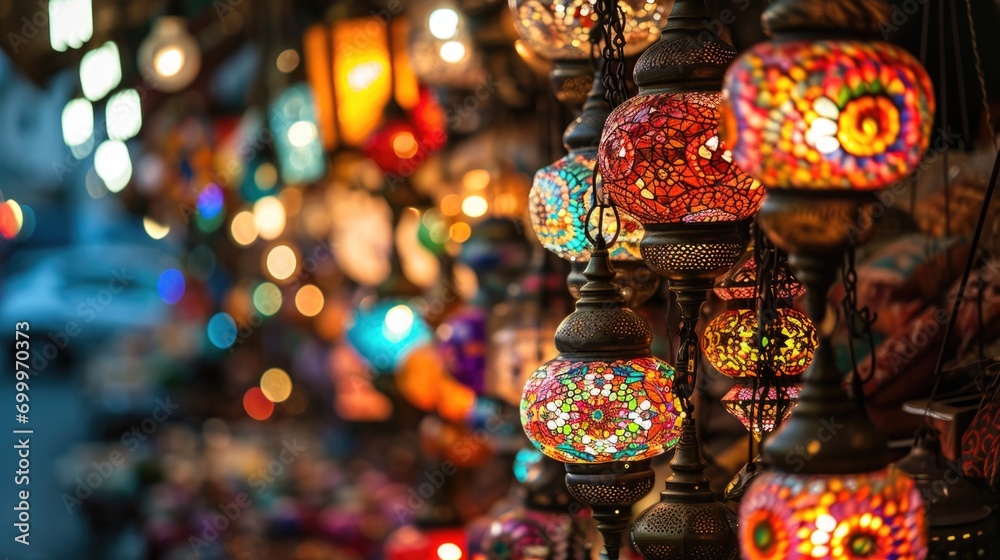 Market With Many Traditional Colorful Handmade Turkish Lamps
