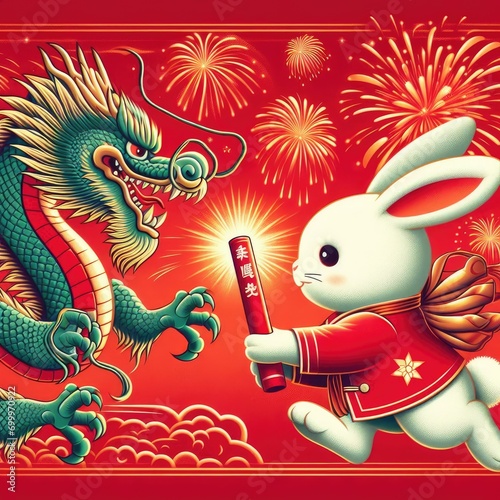 Rabbit passes the relay baton to dragon in red background with Generative AI. photo