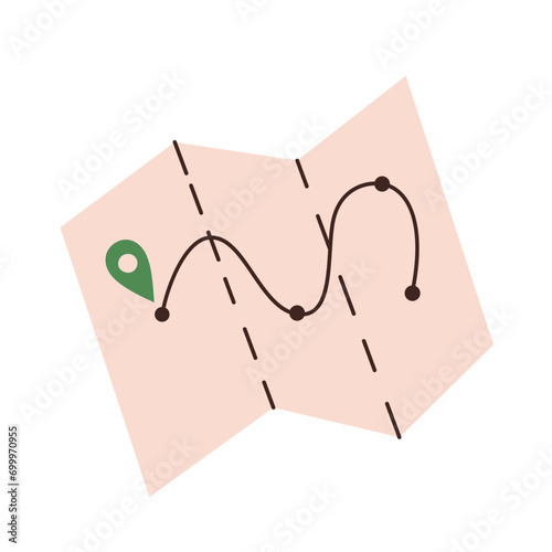 Travel map icon, vector doodle illustration of trip itinerary with establishing shots, navigation with waypoints, planning route, backpacking checklist, isolated colored clipart on white background
