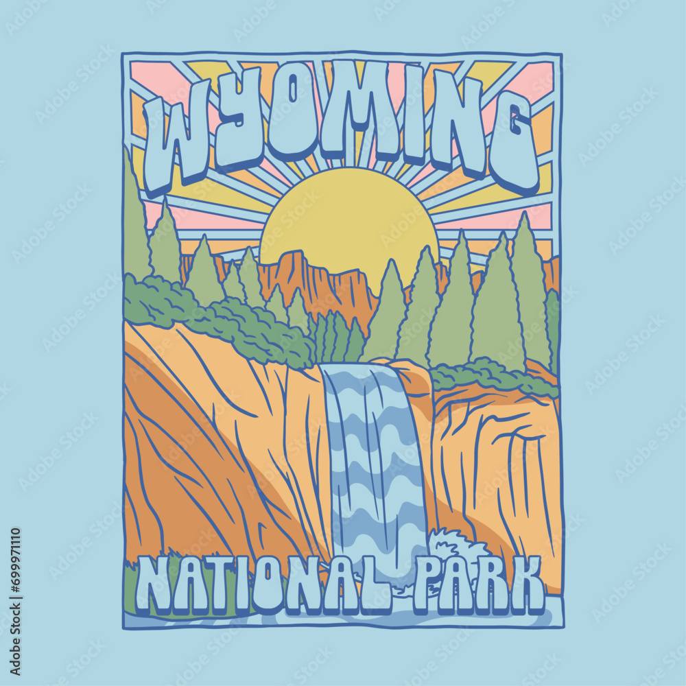 HAND DRAWN WYOMING NATIONAL PARK NATURE LANDSCAPE WATERFALL TRAVEL DESTINATION OUTDOORS MOUNTAINS VINTAGE TSHIRT TEE PRINT FOR APPAREL MERCHANDISE