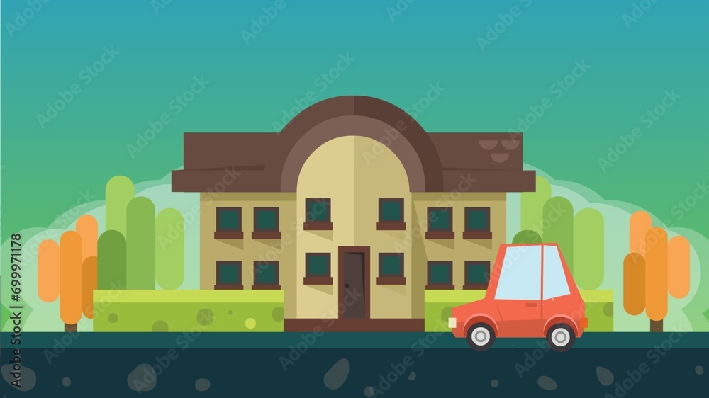 Flat animated vector background of natural views, schools, houses, and mountains
