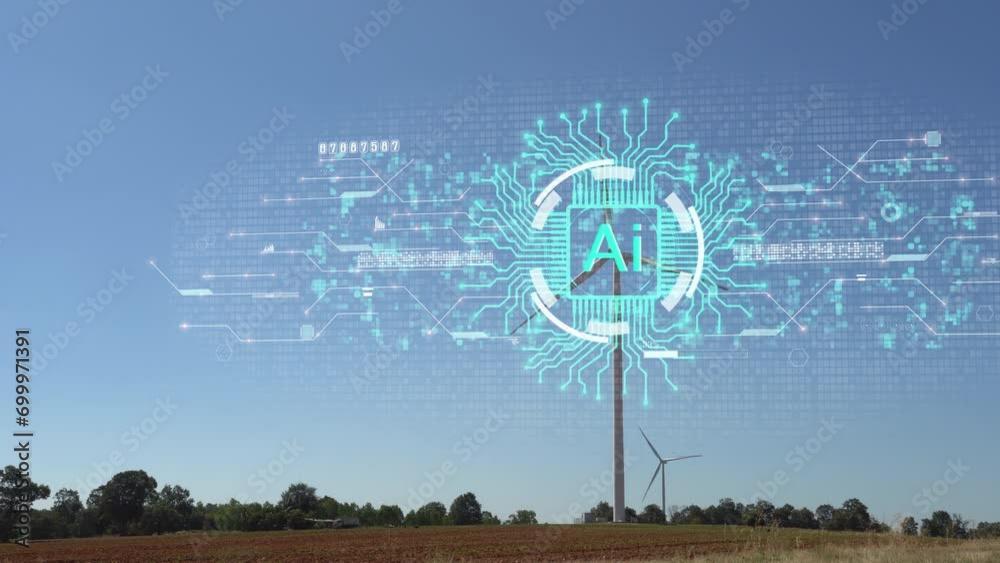 AI technology connection a wind turbine and electric vehicle car in the hologram on a wind turbine with environment ecology sign hologram sustainable clean energy.