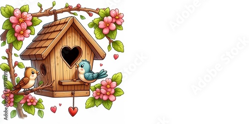 A birdhouse hangs on a flowering branch. A bird near a birdhouse.  © ShaviReaper