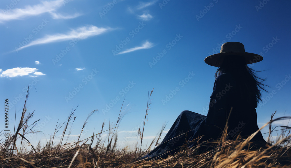 Obraz premium Woman in hat sitting on grass and looking at the blue sky.