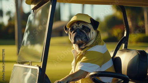 Dog dressed in a striped shirt sits patiently in a golf cart. photo