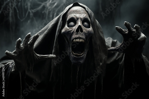 Scary screaming statue in the cemetery. Halloween concept. Horror film. Scary halloween background